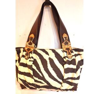 Michael Kors Zebra Print Canvas Leather Trim & Gold Tone Hinged Shoulder Straps